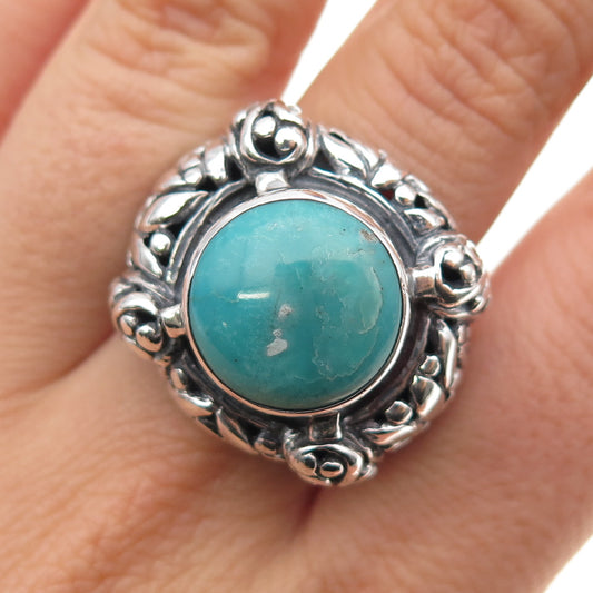 925 Sterling Silver Vintage Real Turquoise Floral Oxidized Ring Size 8.5