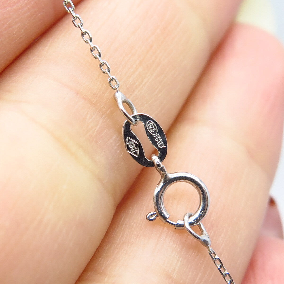 925 Sterling Silver Italy White Blue Diamond Open Heart Rolo Chain Necklace 18"