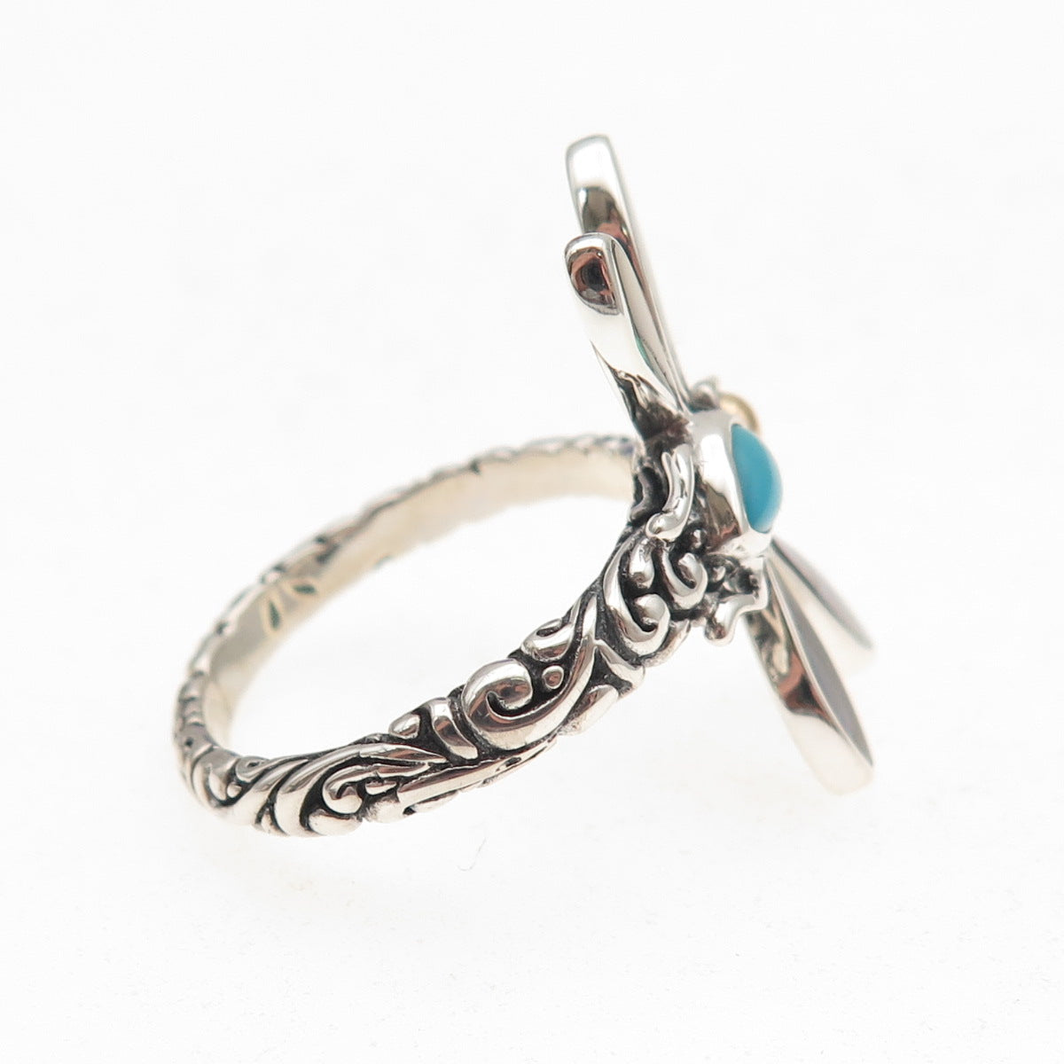 Samuel Benham Sterling 18K Gold Turquoise & Abalone Shell Dragonfly Ring Size 8