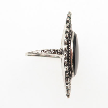 925 Sterling Silver Antique Art Deco Real Black Onyx & Marcasite Ring Size 6.5