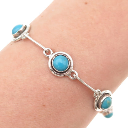 Old Pawn Sterling Silver Vintage Turquoise Station Link Tribal Bracelet 7.25"