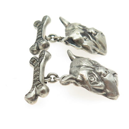 925 Sterling Silver Vintage Real Round-Cut Champagne Diamond Pit Bull Cufflinks