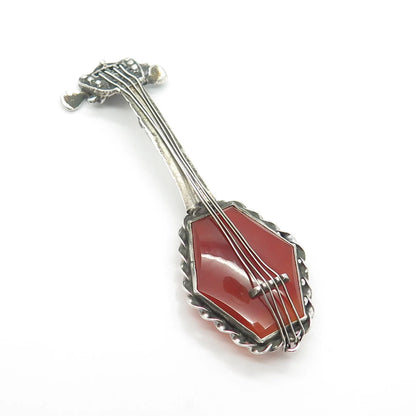 925 Sterling Silver Vintage Real Carnelian Banjo Musical Instrument Pin Brooch