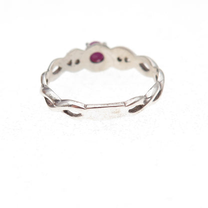 925 Sterling Silver Vintage Real Ruby & C Z Woven Band Ring Size 7