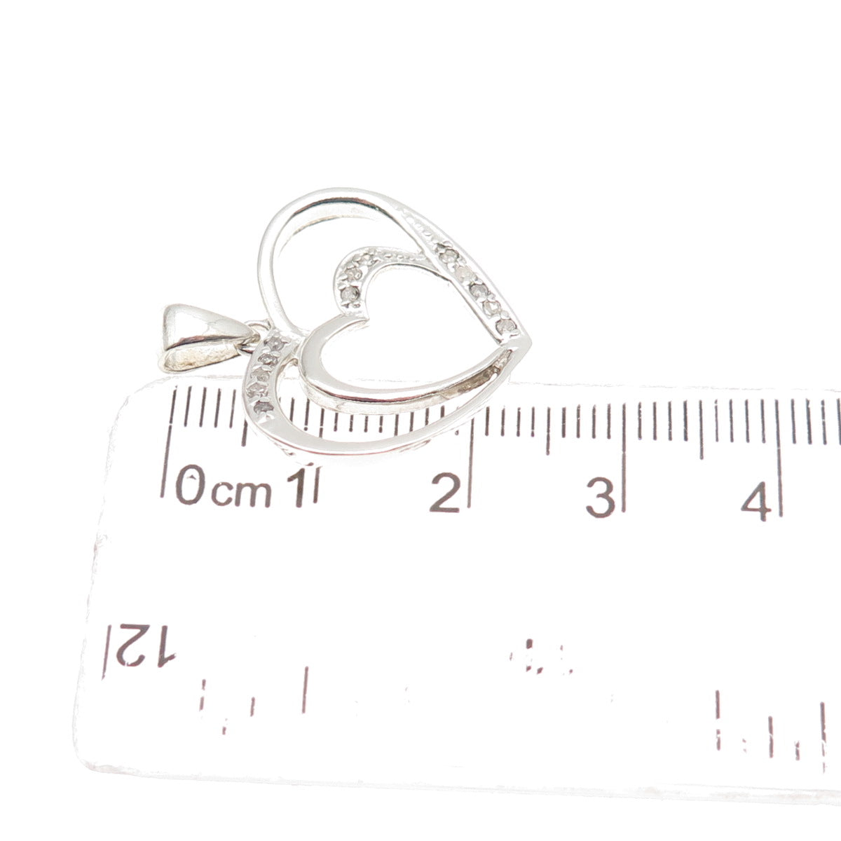 925 Sterling Silver Real Round-Cut Diamond Double Heart Charm Pendant