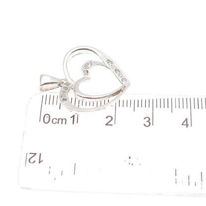 925 Sterling Silver Real Round-Cut Diamond Double Heart Charm Pendant