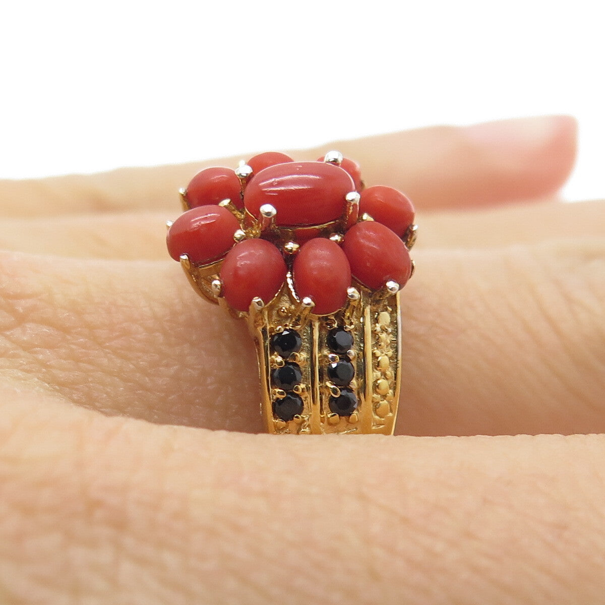 CHUCK CLEMENCY 925 Sterling Gold Plated Coral & Black Spinel Gem Ring Size 9.25