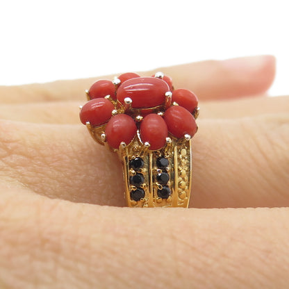 CHUCK CLEMENCY 925 Sterling Gold Plated Coral & Black Spinel Gem Ring Size 9.25