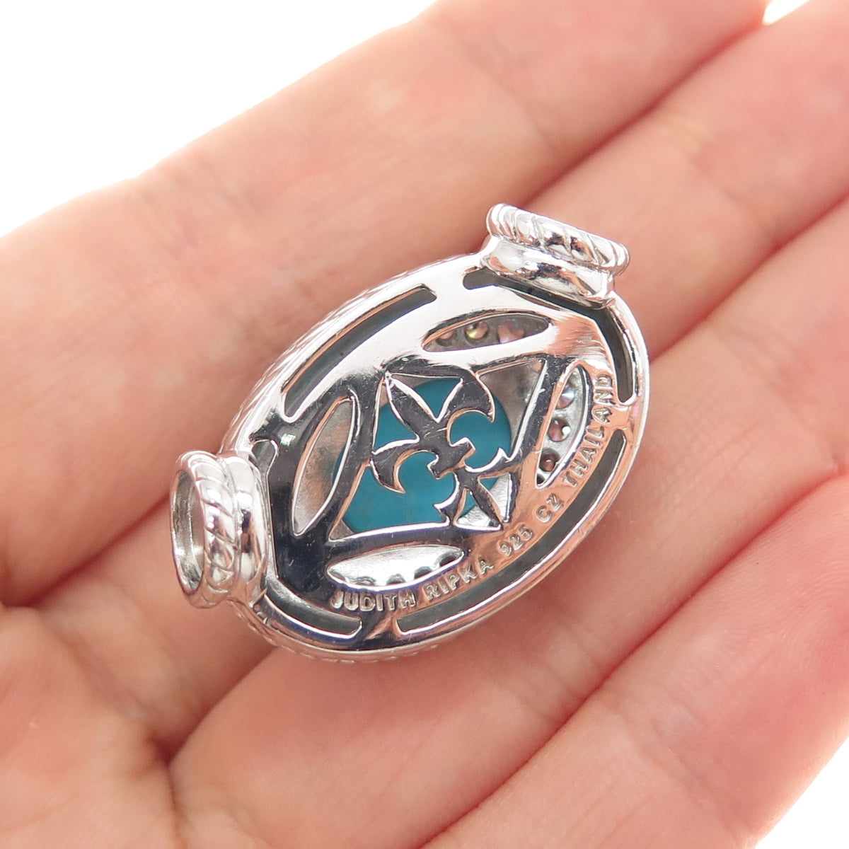 JUDITH RIPKA 925 Sterling Silver Real Tyrone Turquoise & C Z Slide Pendant
