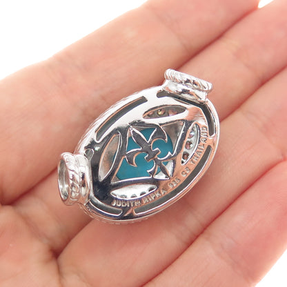 JUDITH RIPKA 925 Sterling Silver Real Tyrone Turquoise & C Z Slide Pendant