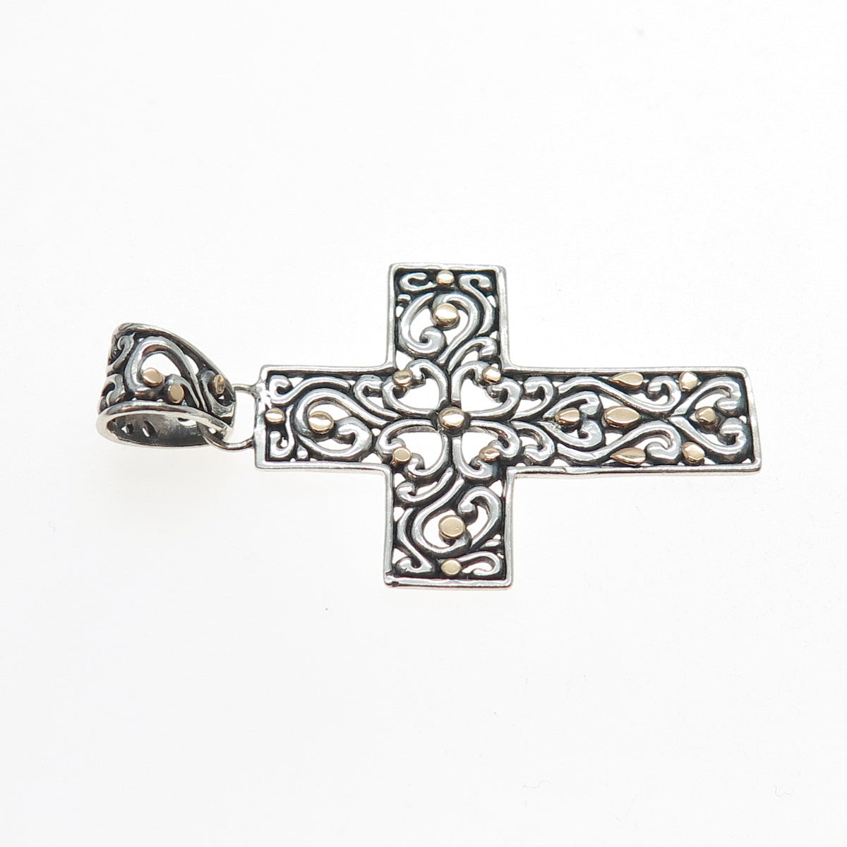 925 Sterling Silver 18K Gold Vintage Floral Cross Oxidized Charm Pendant