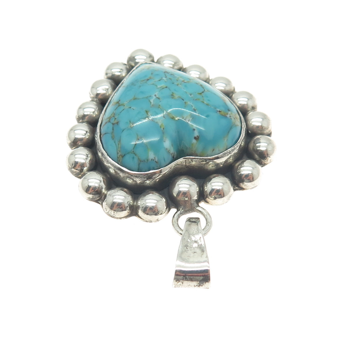 925 Sterling Silver Vintage Mexico Real Turquoise Heart Beaded Pendant