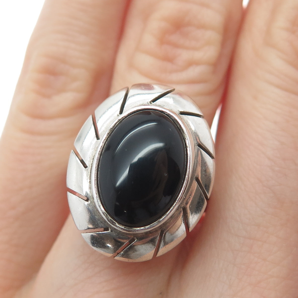 925 Sterling Silver Vintage CII Mexico Real Black Onyx Modernist Ring Size 6.25