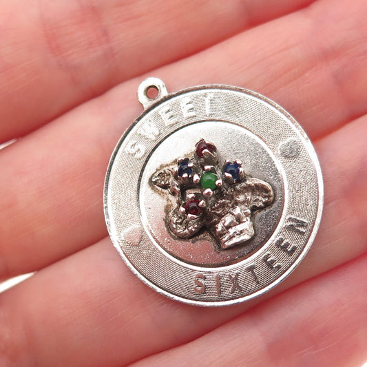 925 Sterling Silver Vintage Multi-Color Rhinestone Sweet 16 Charm Pendant