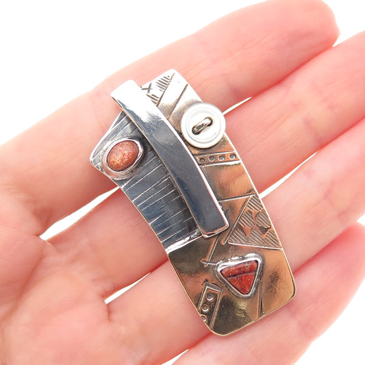 Leterneau 925 Sterling 2-Tone Vintage Real Coral & MOP Modernist Face Pin Brooch