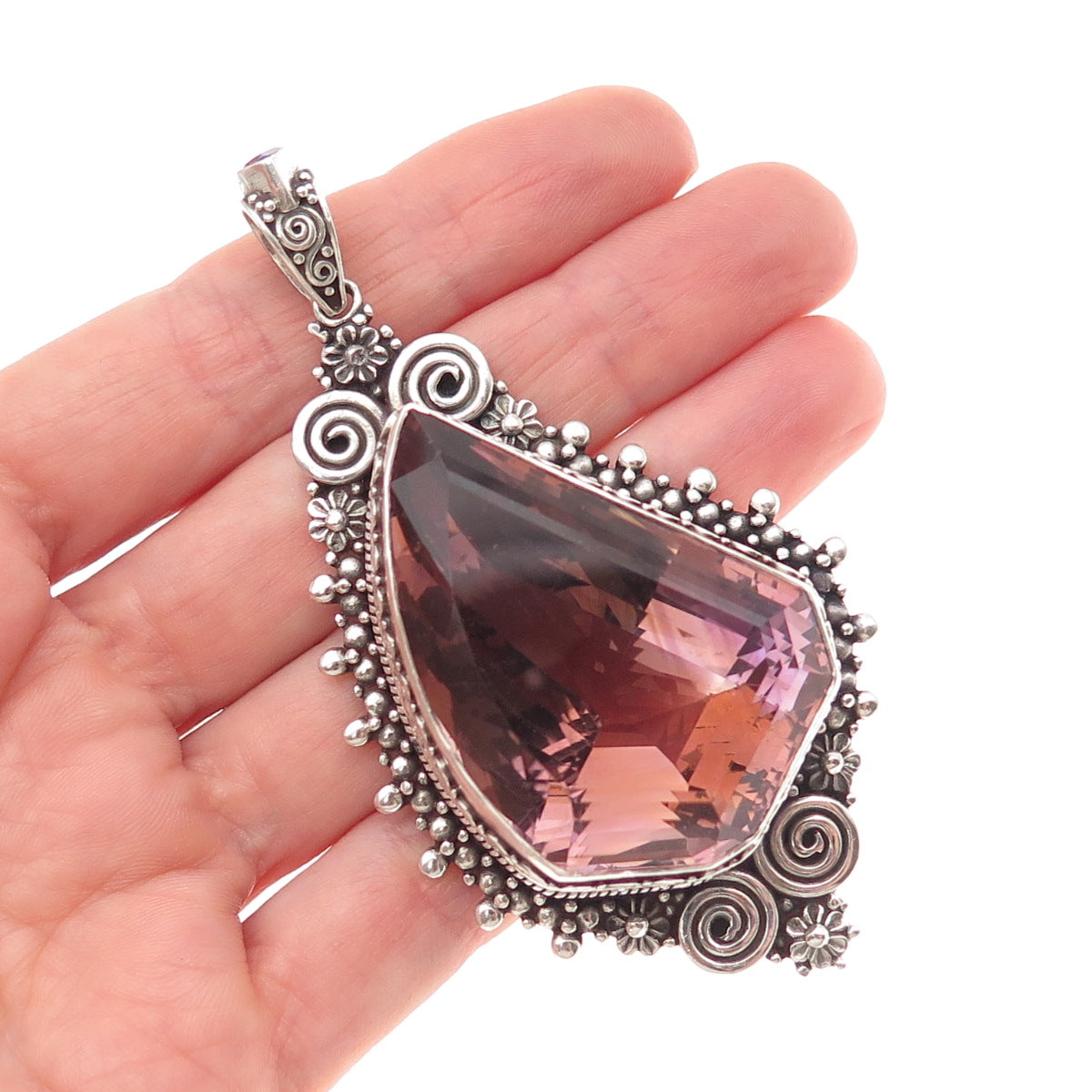 925 Sterling Silver Vintage Real Ametrine Swirl Beaded Large 69.7g Pendant