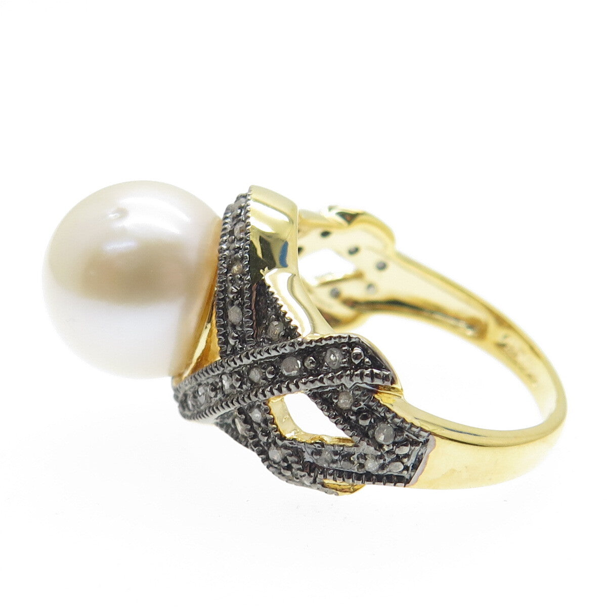 925 Sterling Silver Gold Plated Real Round-Cut Diamond & Pearl Ring Size 8