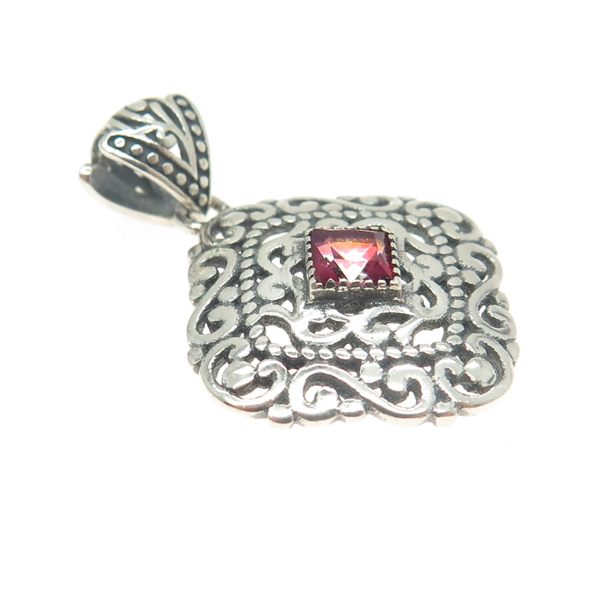 BERIA 925 Sterling Silver Princess-Cut Mystic Crystal Ornate Square Pendant