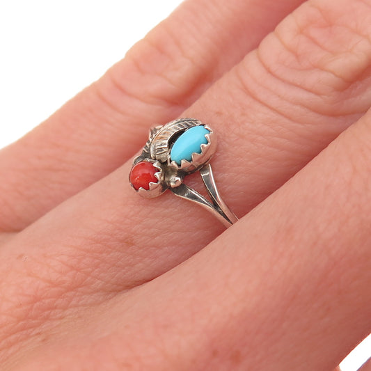 Old Pawn 925 Sterling Silver Vintage Turquoise & Coral Feather Ring Size 6.25