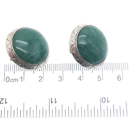 925 Sterling Silver Vintage Real Cabochon Aventurine Modernist Oxidized Earrings
