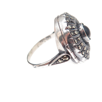 925 Sterling Antique Art Deco Real Black Onyx & Marcasite Locket Ring Size 5