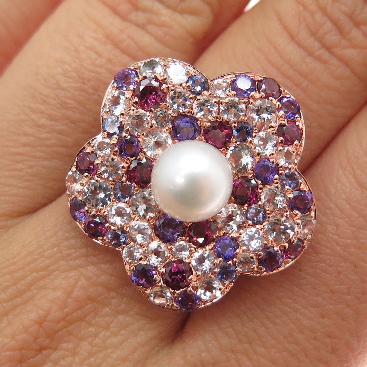 CLYDE DUNEIER Sterling Silver Rose Gold Plated Real Pearl & Muti-Gem Ring Size 7