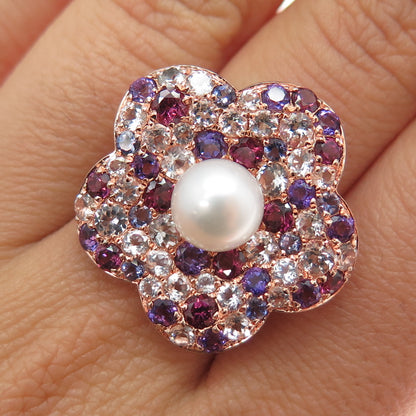 CLYDE DUNEIER Sterling Silver Rose Gold Plated Real Pearl & Muti-Gem Ring Size 7