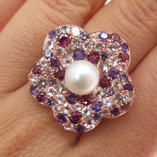 CLYDE DUNEIER Sterling Silver Rose Gold Plated Real Pearl & Muti-Gem Ring Size 7