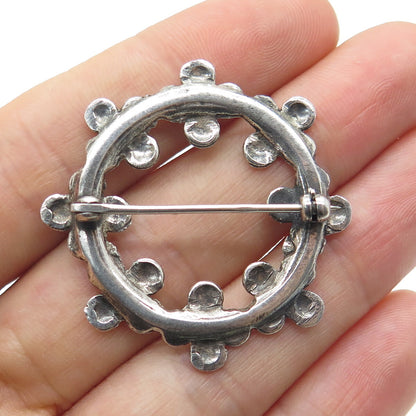 925 Sterling Silver Vintage Floral Blossom Circle Oxidized Pin Brooch