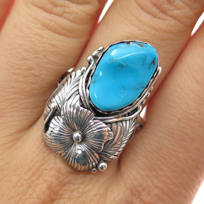 Old Pawn 925 Sterling Vintage Turquoise Flower Blossom Oxidized Ring Size 9.75