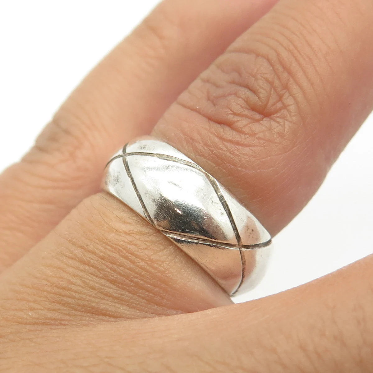 925 Sterling Silver Vintage Mexico "X" Lined Band Ring Size 5.75