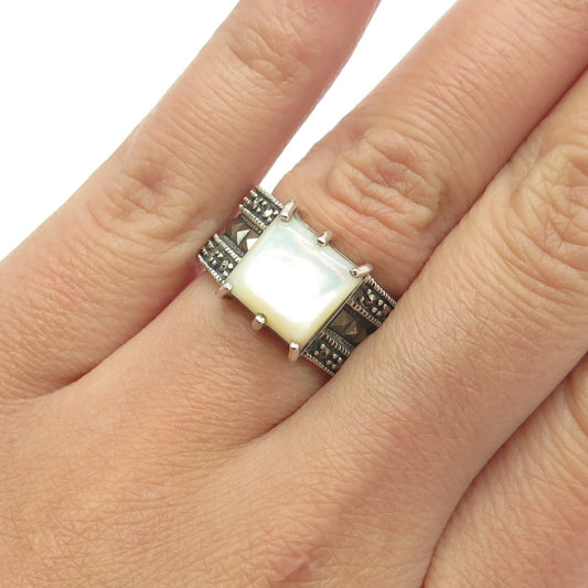 925 Sterling Silver Vintage Real Mother-of-Pearl & Marcasite Ring Size 5.75