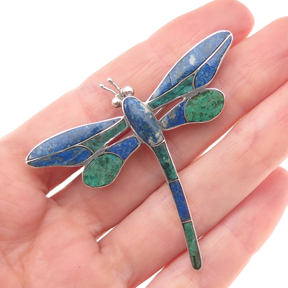 970 Silver Vintage Real Turquoise & Lapis Dragonfly Pin Brooch / Pendant