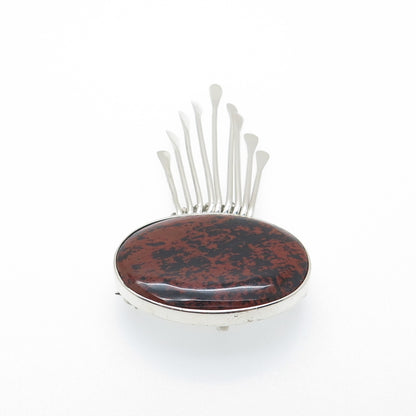 925 Sterling Vintage Mexico Real Mahogany Obsidian Modernist Pin Brooch Pendant