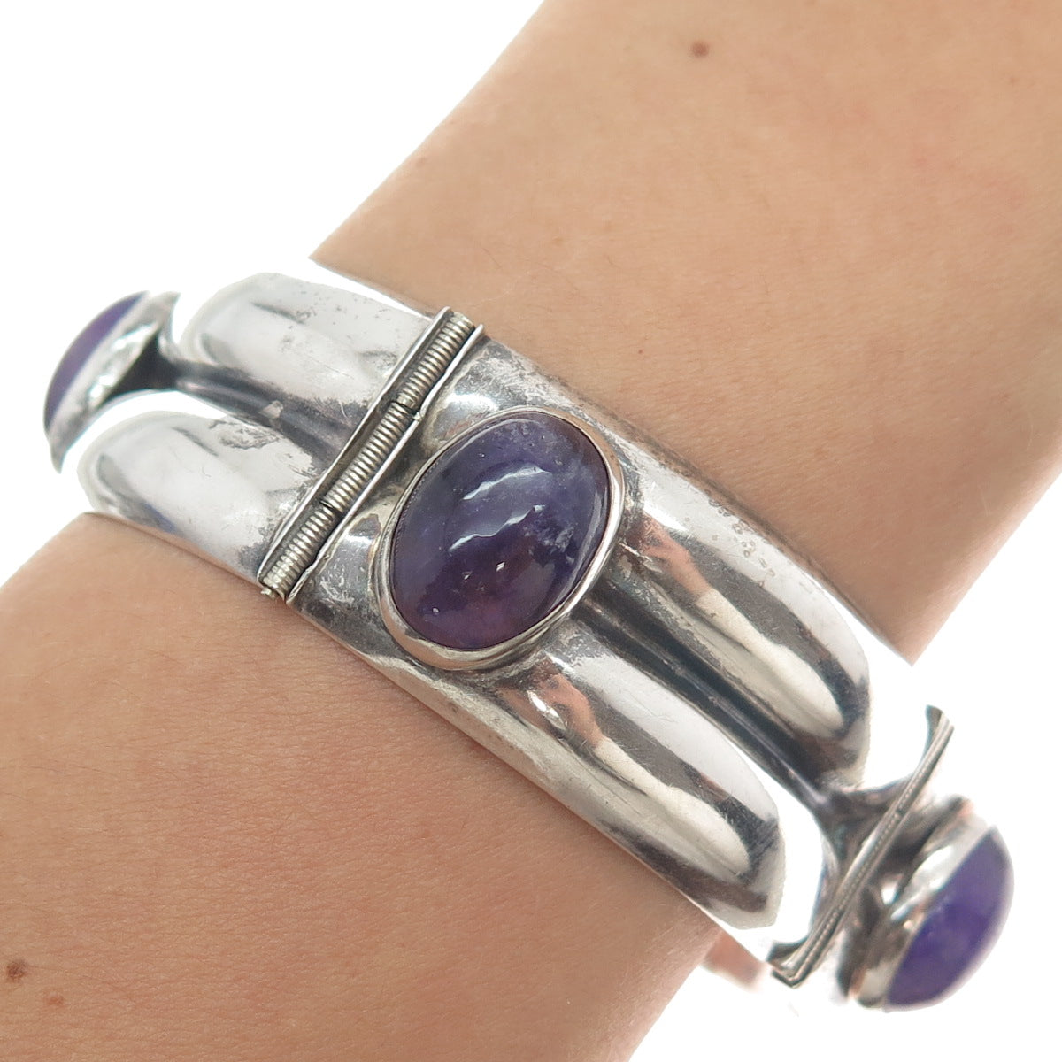 925 Sterling Silver Vintage Mexico Real Amethyst Oxidized Panel Link Bracelet 7"