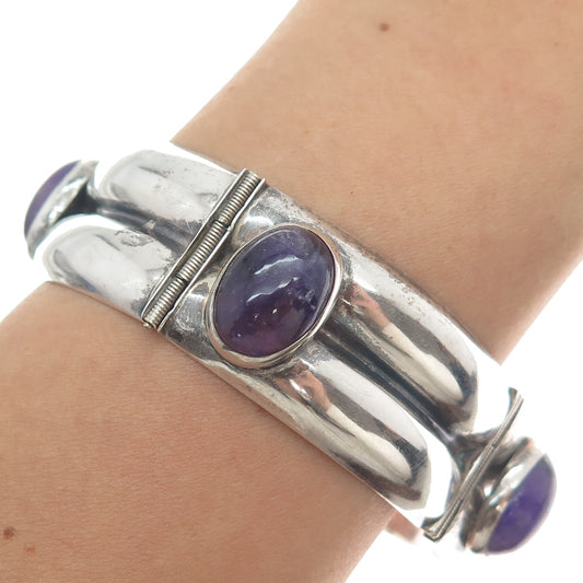 925 Sterling Silver Vintage Mexico Real Amethyst Oxidized Panel Link Bracelet 7"