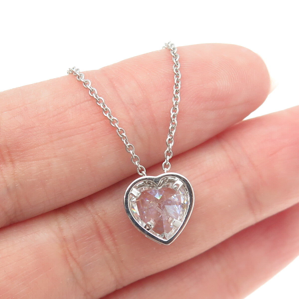 925 Sterling Silver Heart-Cut C Z Cable Chain Adjustable Necklace 18-20"