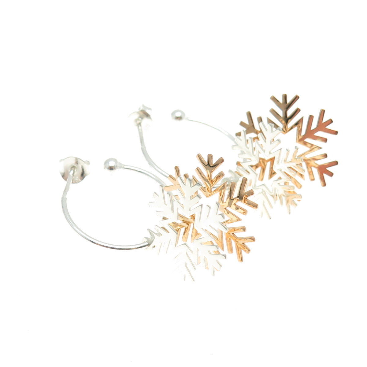 925 Sterling Silver 2-Tone Snowflake Charm Hoop Earrings