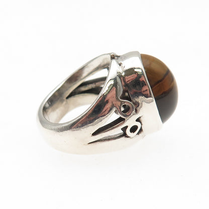 925 Sterling Silver Vintage Real Tiger Eye Modernist Ring Size 4.5
