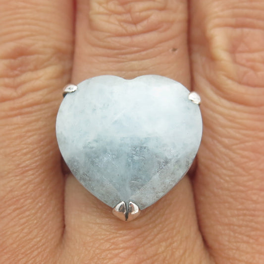 925 Sterling Silver Vintage Real Aquamarine Heart Statement Ring Size 8