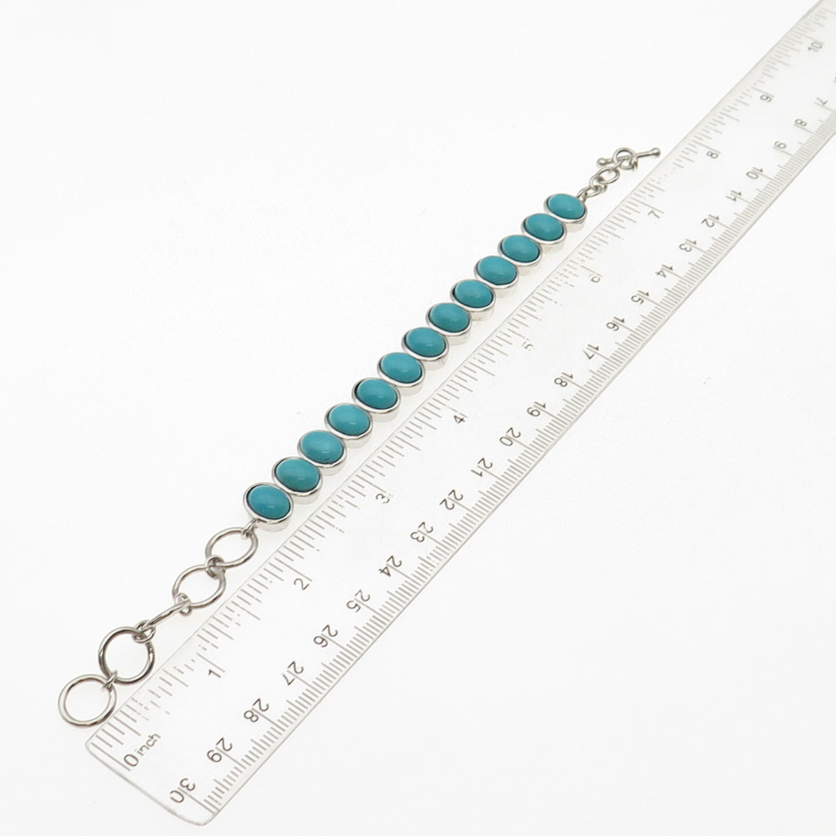 925 Sterling Silver Real Cabochon Tyrone Turquoise Link Bracelet 6-7"