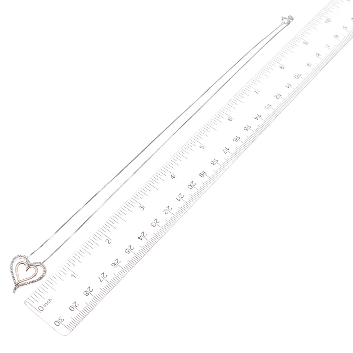 925 Sterling Silver 2-Tone Real Diamond Double Heart Box Chain Necklace 18"
