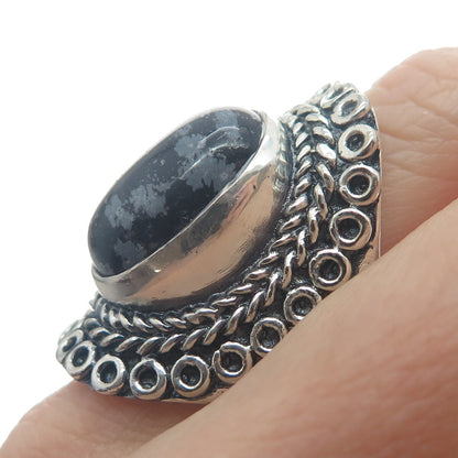 925 Sterling Silver Vintage Snowflake Obsidian Circle Link Oxidized Ring Size 9