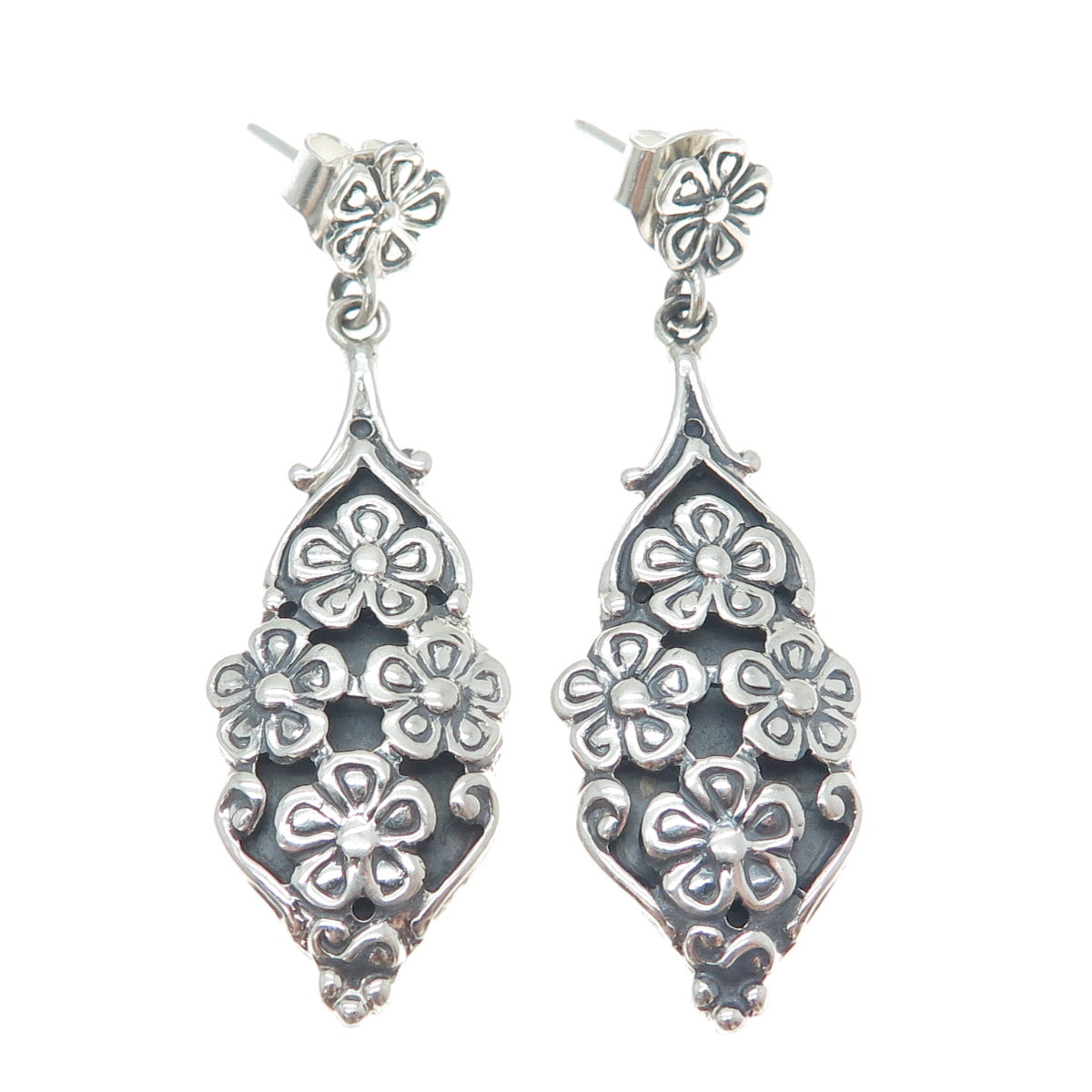 950 Silver Vintage Flower Dangle Earrings