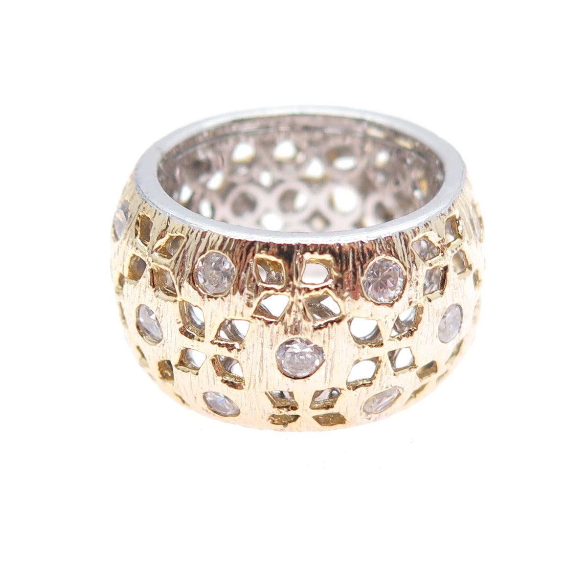 925 Sterling Silver 2-Tone Vintage Round-Cut C Z Flower Band Ring Size 6