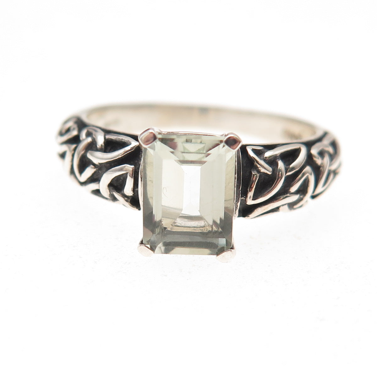 Solvar Sterling Silver Vintage Ireland Real Green Amethyst Trinity Ring Size 8