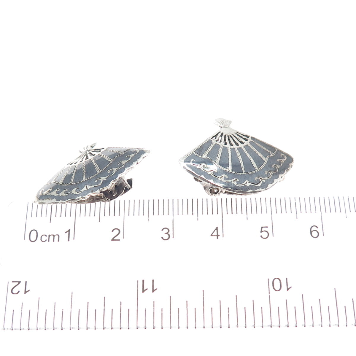 925 Sterling Silver Antique Siam Niello Fan Clip On Earrings