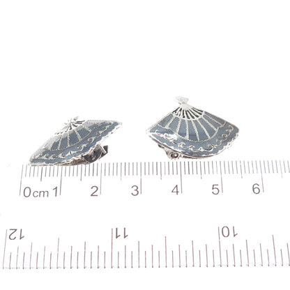 925 Sterling Silver Antique Siam Niello Fan Clip On Earrings