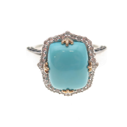 925 Sterling Silver 2-Tone Real Turquoise White Topaz & Iolite Ring Size 8.25