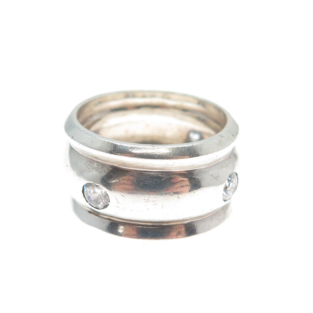 925 Sterling Silver Vintage Round-Cut Shaped C Z Ribbed Band Ring Size 6.25